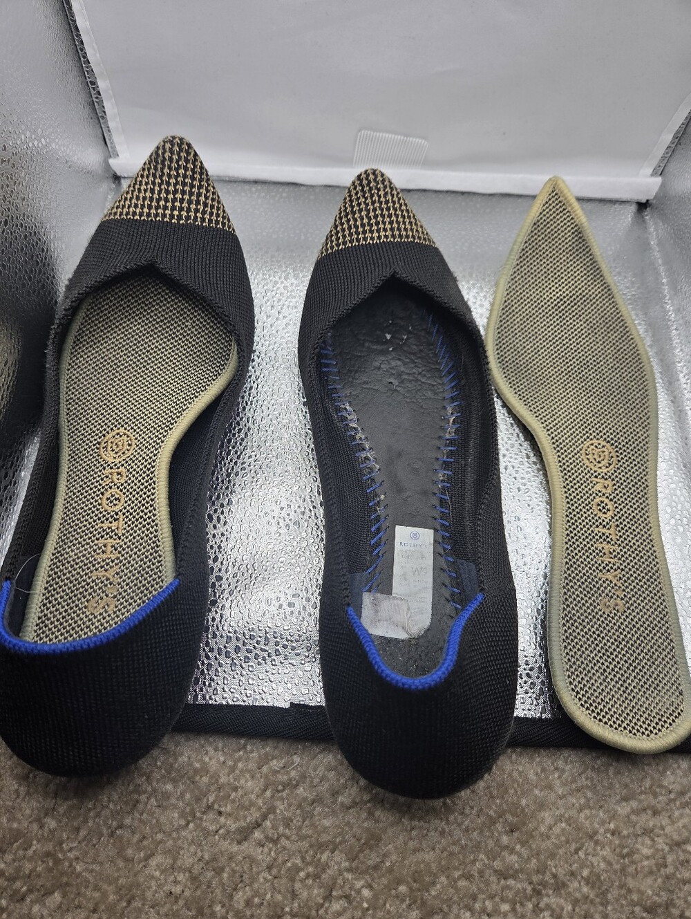 Rothys Black Pointed Toe Knit Flats with Gold Accent - Picture 8 of 9